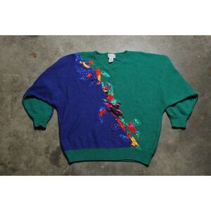 Vintage 90s Sue Brett Applique Color Block Sweater - Large